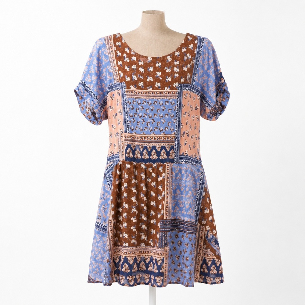 Floral Patchwork Puff Sleeve Mini Wrap Dress Size S Cottagecore Indie Artsy Y2K